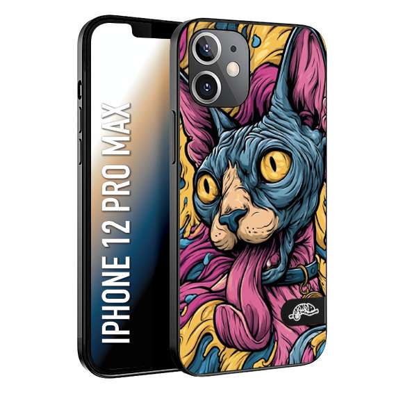CUSTOMIZZA - Custodia cover nera morbida in tpu compatibile per iPhone 12 PRO MAX Sphynx Colorato Pop Art Psichedelico Gatto Blu Rosa Giallo Artistica Fantasy