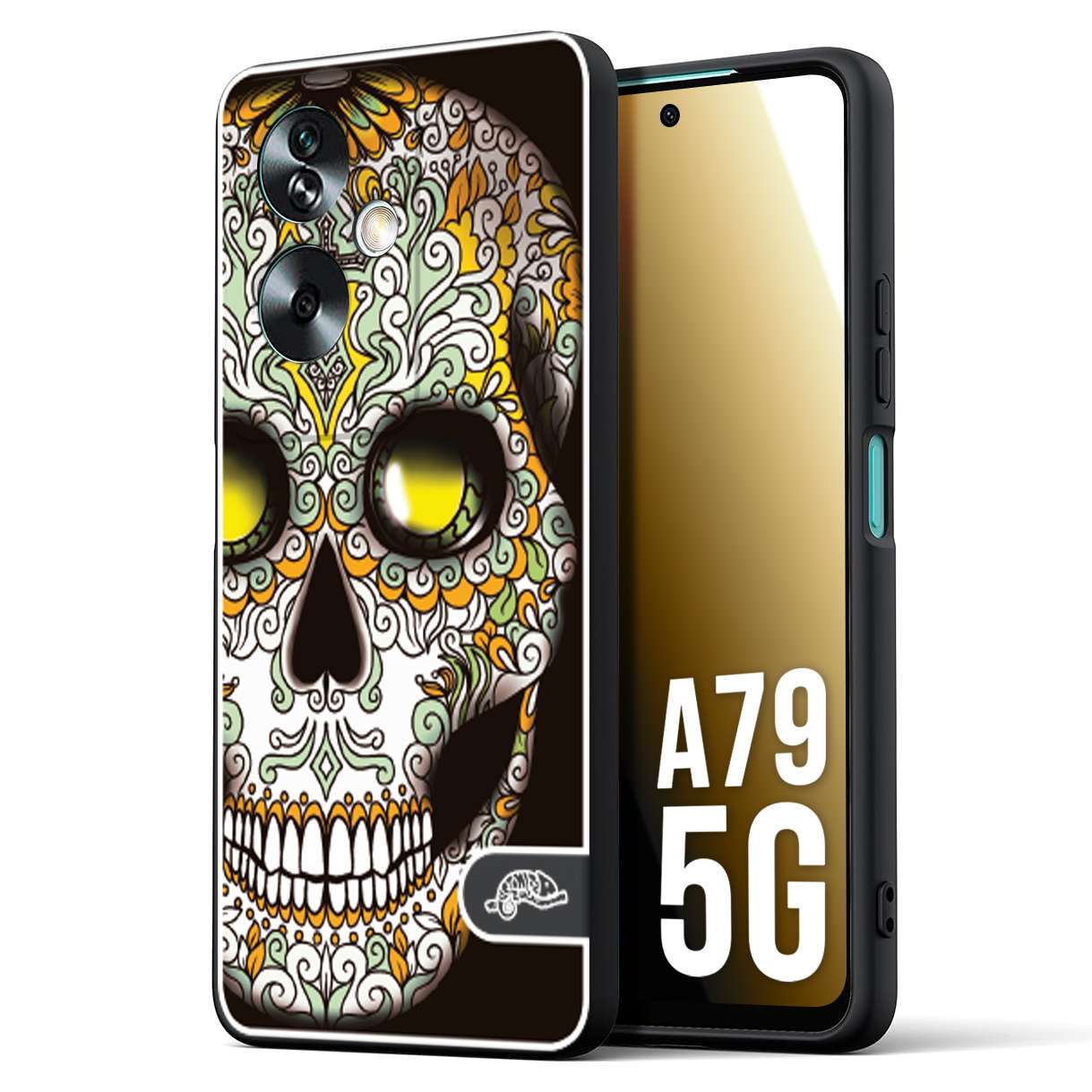 CUSTOMIZZA - Custodia cover nera morbida in tpu compatibile per Oppo A79 5G teschio messicano Mexican skull bianco verde giallo