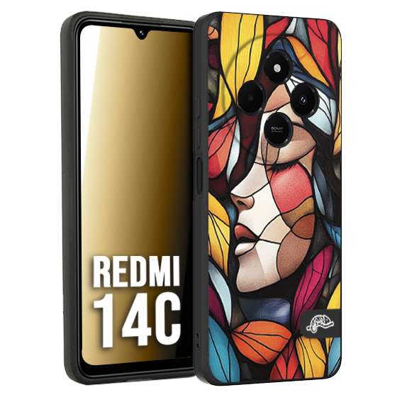 CUSTOMIZZA - Custodia cover nera morbida in tpu compatibile per Xiaomi Redmi 14C Vetrata artistica volto di donna profilo fogliare mosaico di vetro colorato
