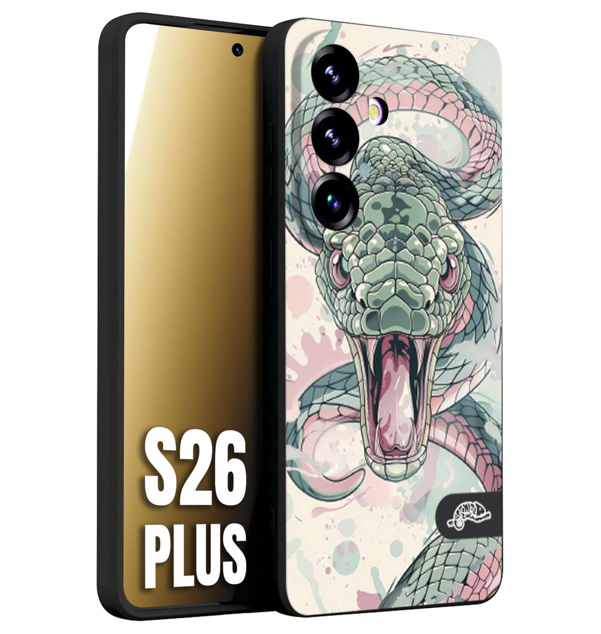 CUSTOMIZZA - Custodia cover nera morbida in tpu compatibile per Samsung S26 PLUS snake pink green serpente tatuaggio tattoo disegnato a mano