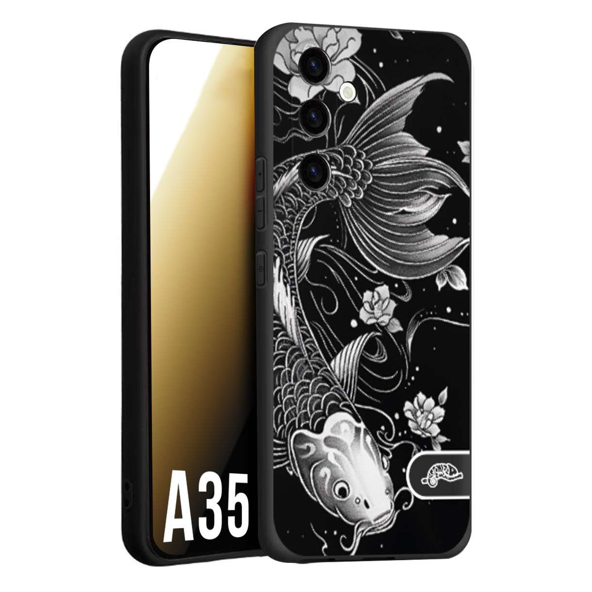 CUSTOMIZZA - Custodia cover nera morbida in tpu compatibile per Samsung A35 5G carpa koi black and white bianco a rilievo disegnato tattoo tatuaggio