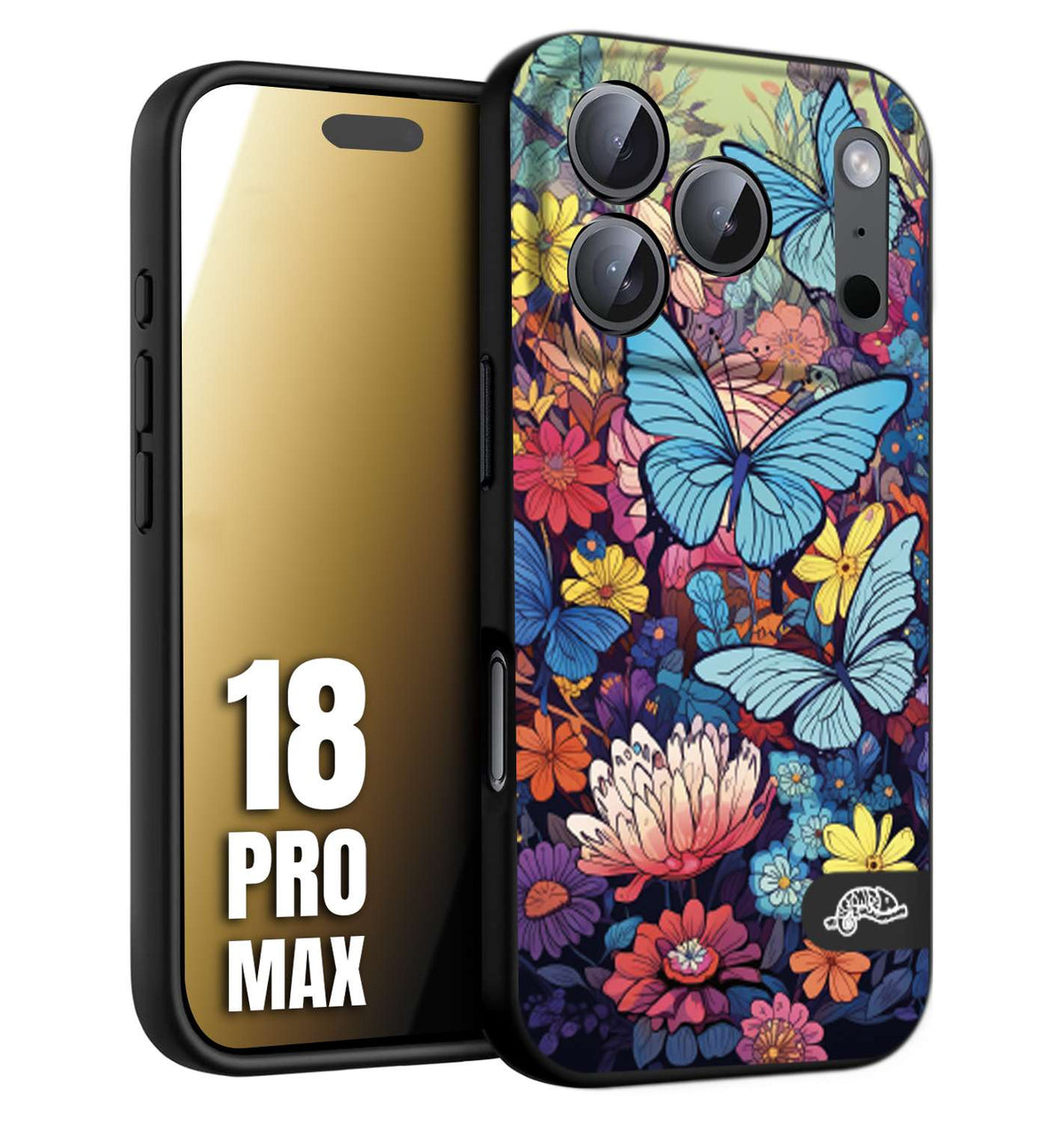 CUSTOMIZZA - Custodia cover nera morbida in tpu compatibile per iPhone 18 PRO MAX farfalle butterfly moderno donna disegnate gialla blu rosa