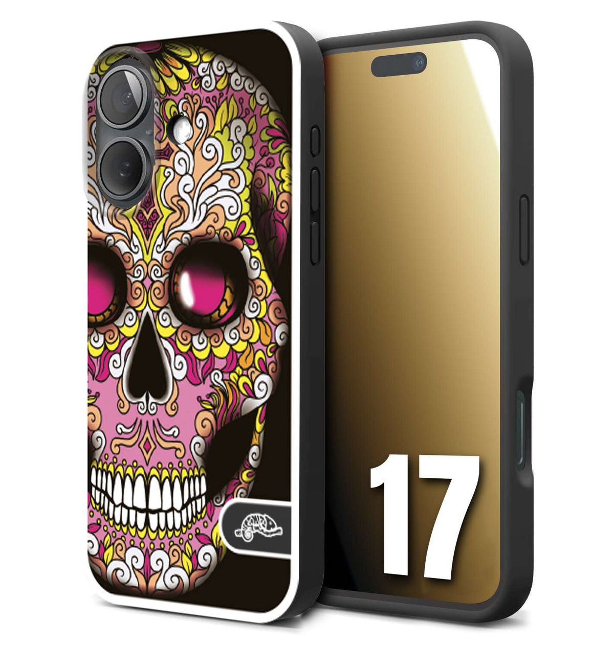 CUSTOMIZZA - Custodia cover nera morbida in tpu compatibile per iPhone 17 teschio messicano Mexican skull rosa gialla