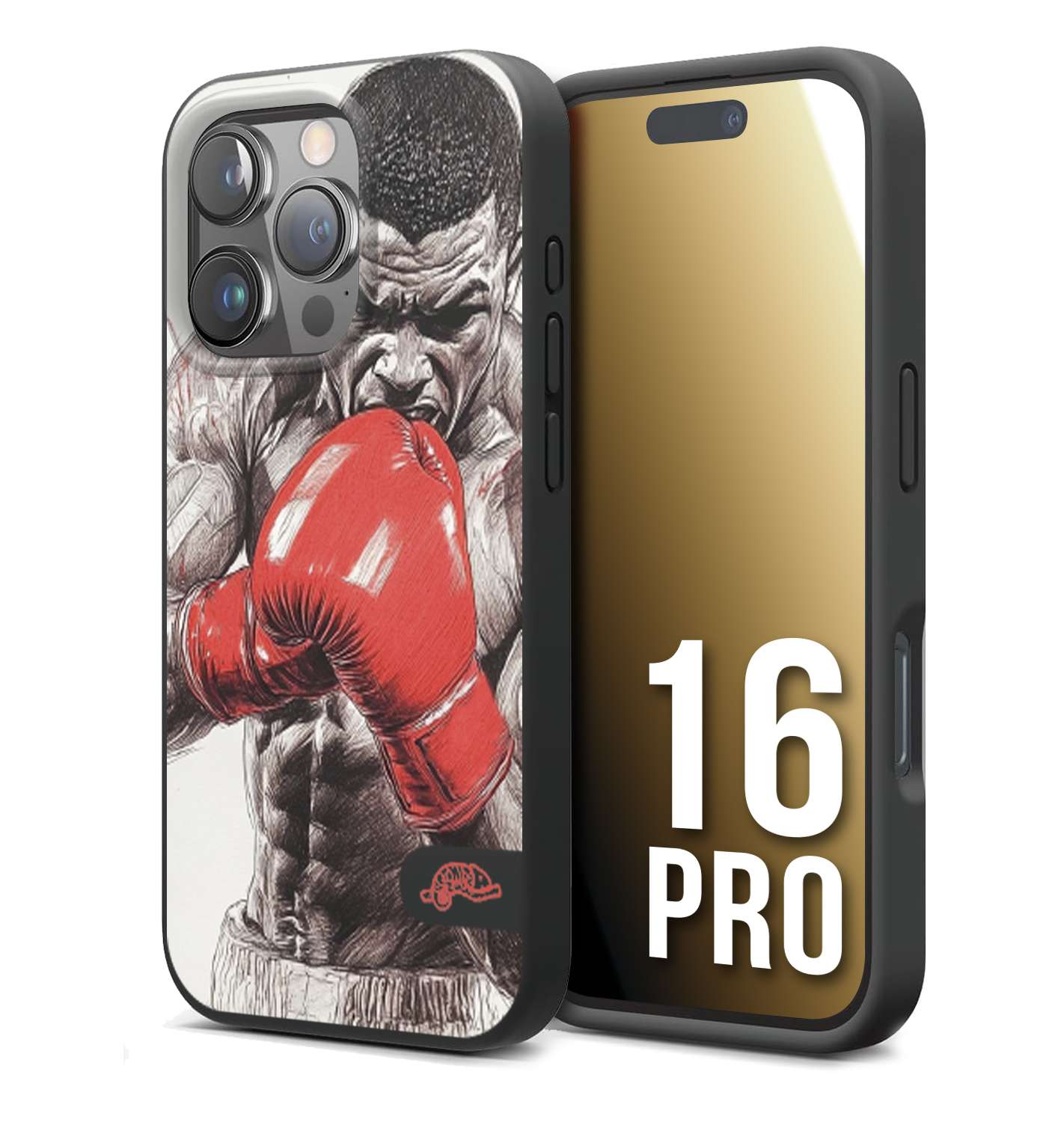 CUSTOMIZZA - Custodia cover nera morbida in tpu compatibile per iPhone 16 PRO pugilato pugili disegno tattoo guantoni box pesi massimi gancio