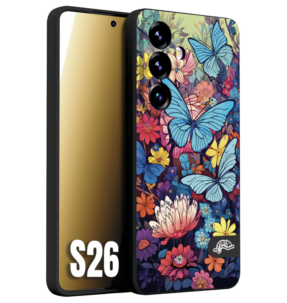 CUSTOMIZZA - Custodia cover nera morbida in tpu compatibile per Samsung S26 farfalle butterfly moderno donna disegnate gialla blu rosa