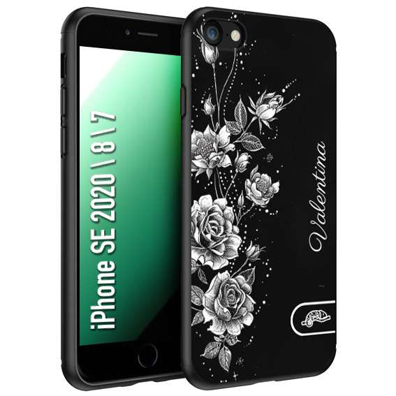 CUSTOMIZZA - Custodia cover nera morbida in tpu compatibile per iPhone 7 - 8 - SE 2020 / 2022 personalizzata rilievo soft touch nome rose fiori donna