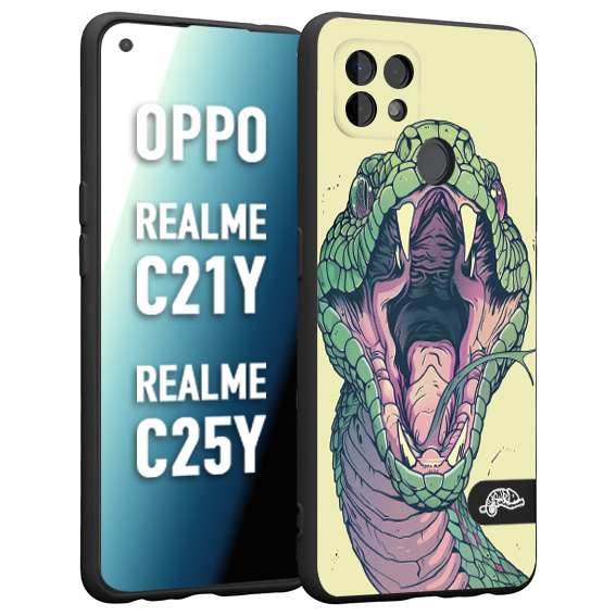 CUSTOMIZZA - Custodia cover nera morbida in tpu compatibile per Realme C21Y - C25Y snake yellow green serpente tatuaggio tattoo disegnato a mano