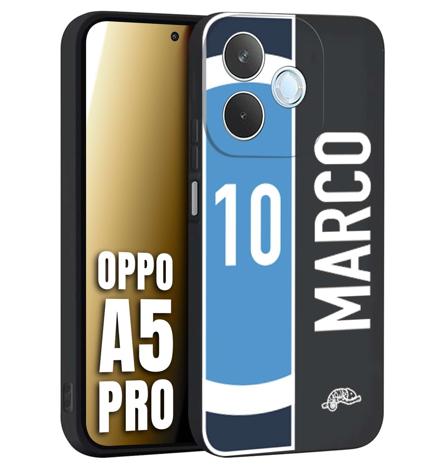 CUSTOMIZZA - Custodia cover nera morbida in tpu compatibile per Oppo A5 PRO personalizzata calcio football nome e numero calciatori biancoazzurri bianco celesti
