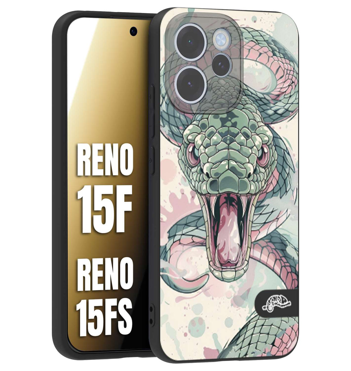 CUSTOMIZZA - Custodia cover nera morbida in tpu compatibile per Oppo Reno 15 F - Reno 15 FS snake pink green serpente tatuaggio tattoo disegnato a mano