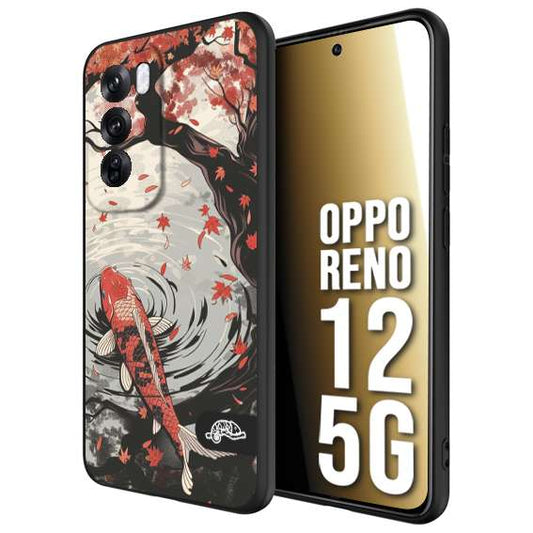 CUSTOMIZZA - Custodia cover nera morbida in tpu compatibile per Oppo Reno 12 5G giapponese lago carpa koi rossa con foglie d'acero rosso disegnata tattoo