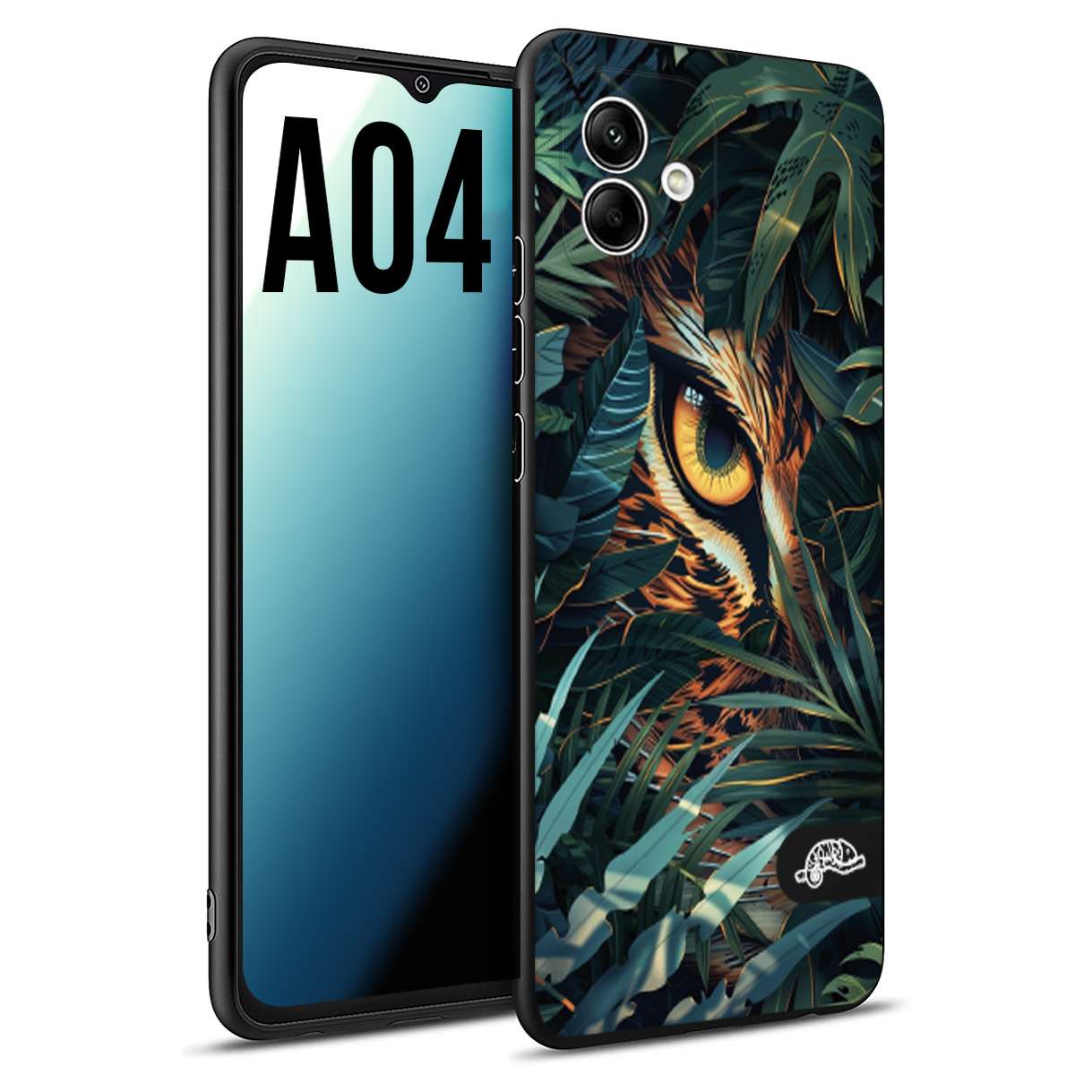 CUSTOMIZZA - Custodia cover nera morbida in tpu compatibile per Samsung A04 animali color giungla tropicale occhio di giaguaro felino disegnato