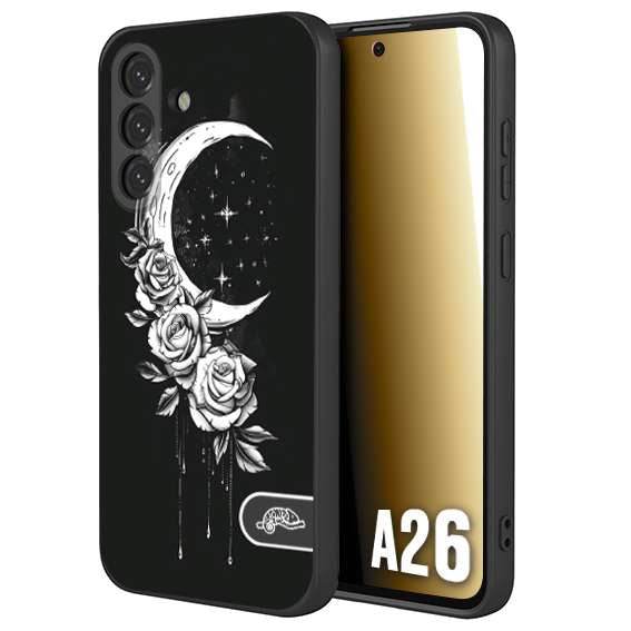 CUSTOMIZZA - Custodia cover nera morbida in tpu compatibile per Samsung A26 luna e fiori moon flowers black and white bianco a rilievo disegnato
