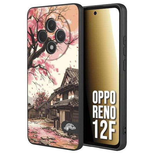 CUSTOMIZZA - Custodia cover nera morbida in tpu compatibile per Oppo Reno 12F casa giapponese rosa ciliegio in fiore disegnata tattoo
