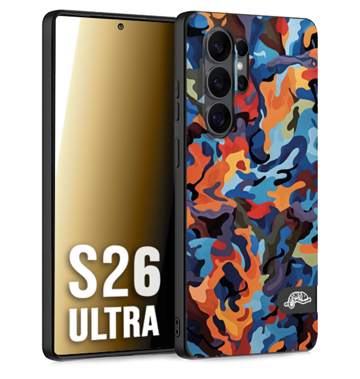 CUSTOMIZZA - Custodia cover nera morbida in tpu compatibile per Samsung S26 ULTRA camouflage mimetico militare moderno blu arancio rosso