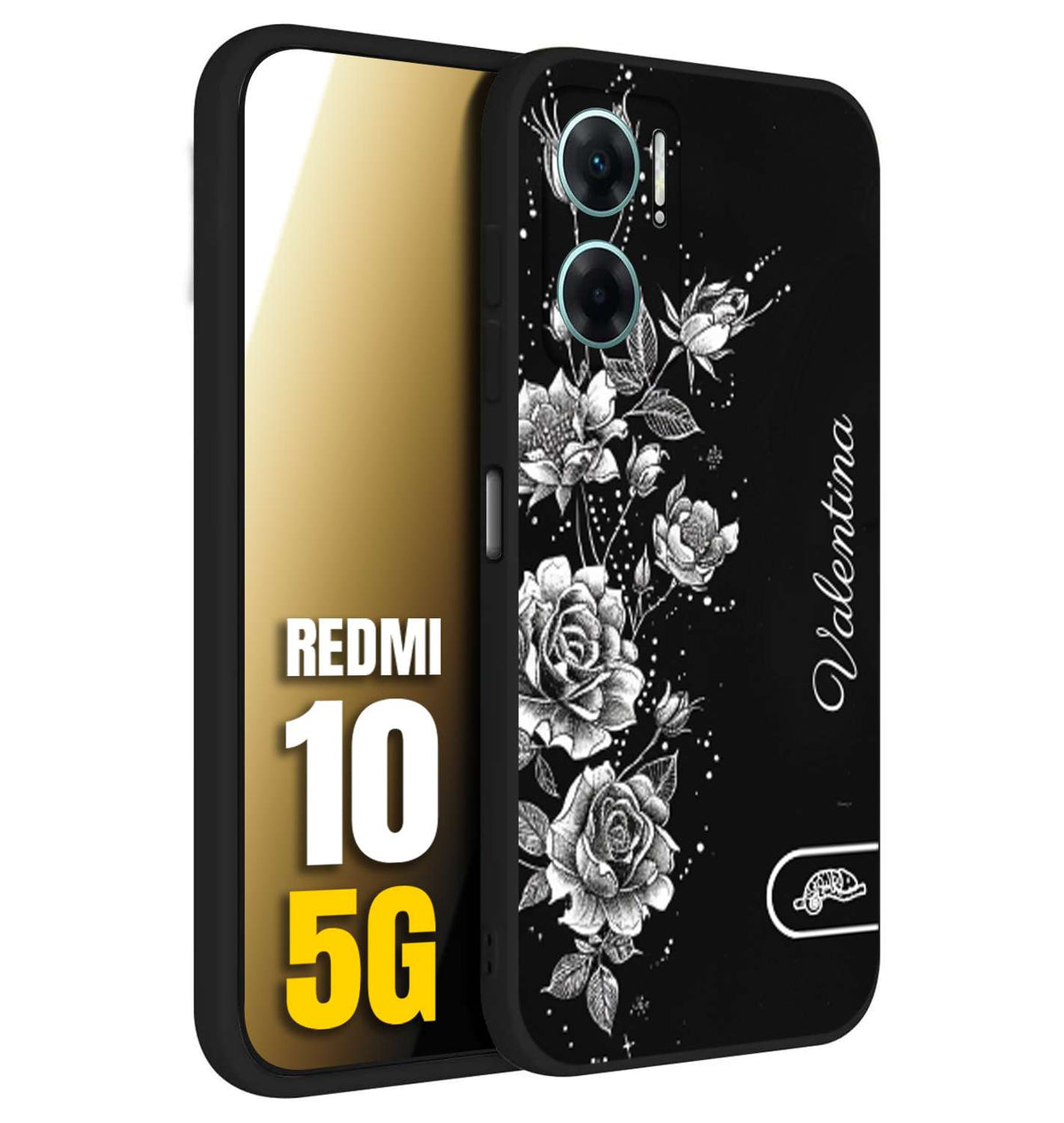 CUSTOMIZZA - Custodia cover nera morbida in tpu compatibile per Xiaomi Redmi 10 5G personalizzata rilievo soft touch nome rose fiori donna