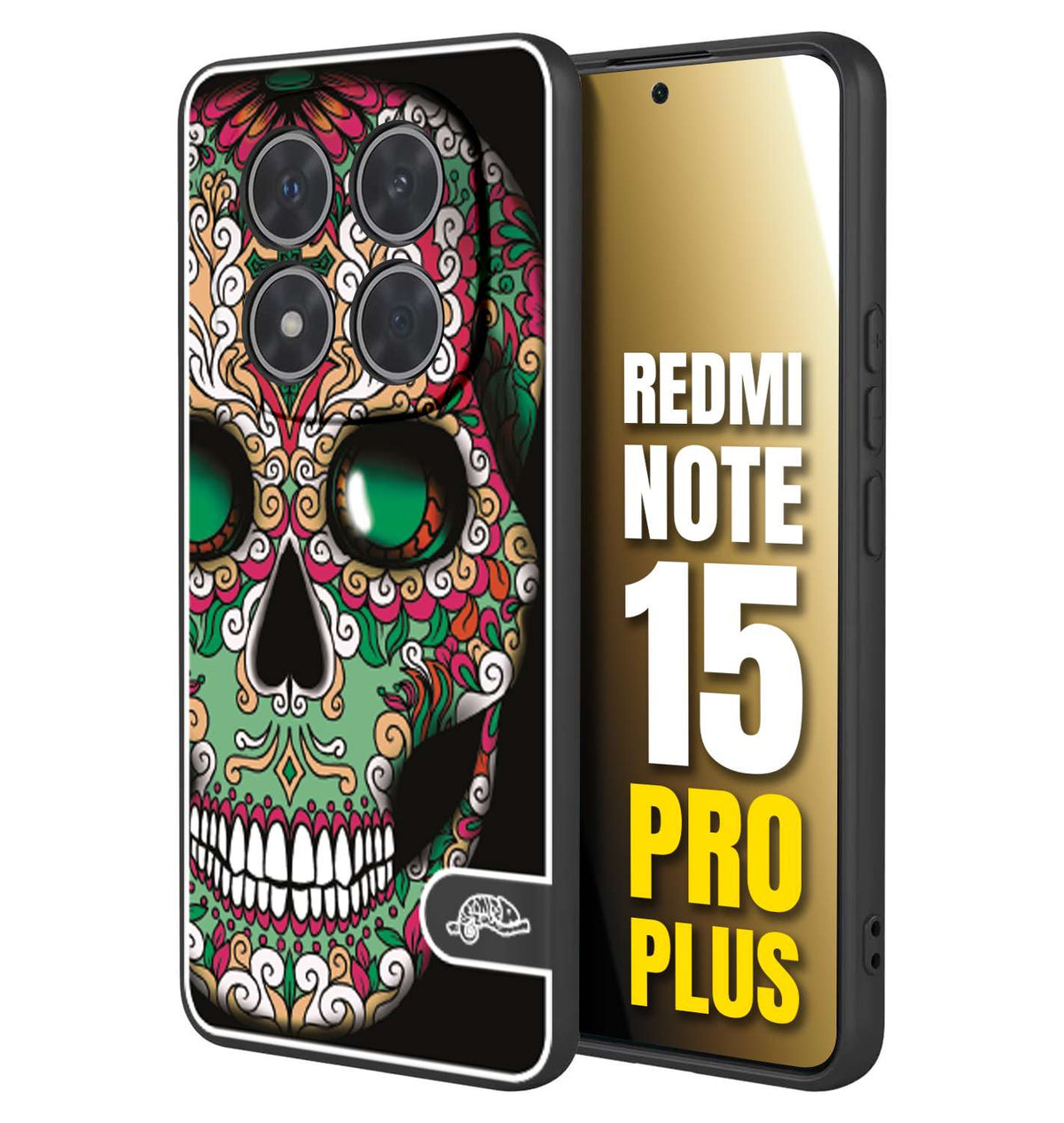 CUSTOMIZZA - Custodia cover nera morbida in tpu compatibile per Xiaomi Redmi Note 15 PRO PLUS teschio messicano Mexican skull verde fucsia