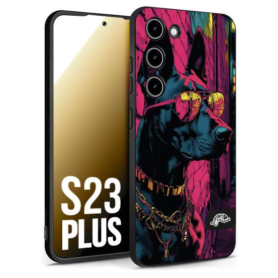 CUSTOMIZZA - Custodia cover nera morbida in tpu compatibile per Samsung S23 PLUS animali cyberpunk dobermann cane street dog fucsia blu