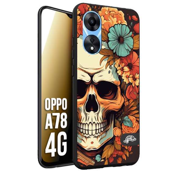 CUSTOMIZZA - Custodia cover nera morbida in tpu compatibile per Oppo A78 4G teschio skull flowers fiori autunnali arancio celeste tattoo