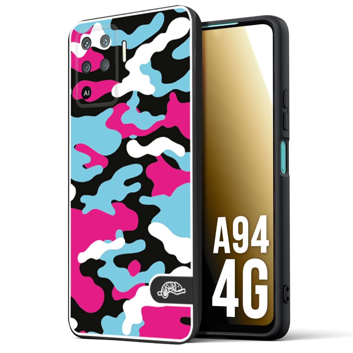 CUSTOMIZZA - Custodia cover nera morbida in tpu compatibile per Oppo A94 4G camouflage mimetico militare fucsia celeste