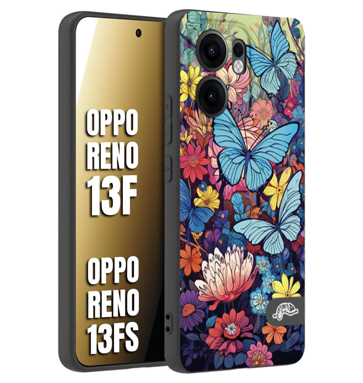 CUSTOMIZZA - Custodia cover nera morbida in tpu compatibile per Oppo Reno 13 F farfalle butterfly moderno donna disegnate gialla blu rosa
