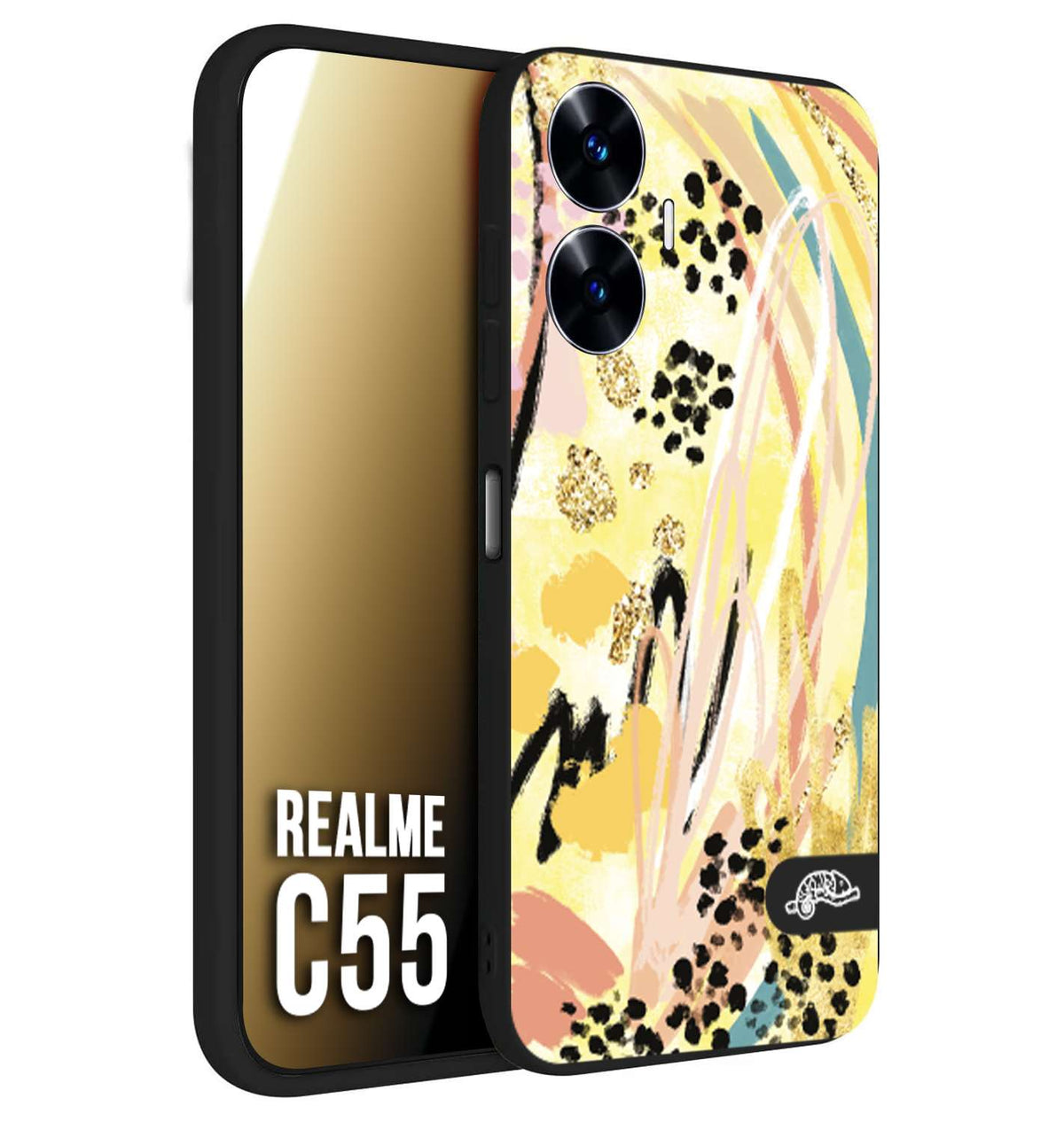CUSTOMIZZA - Custodia cover nera morbida in tpu compatibile per Realme C55 astratti donna flower fantasia estate gialla rosa leopardata