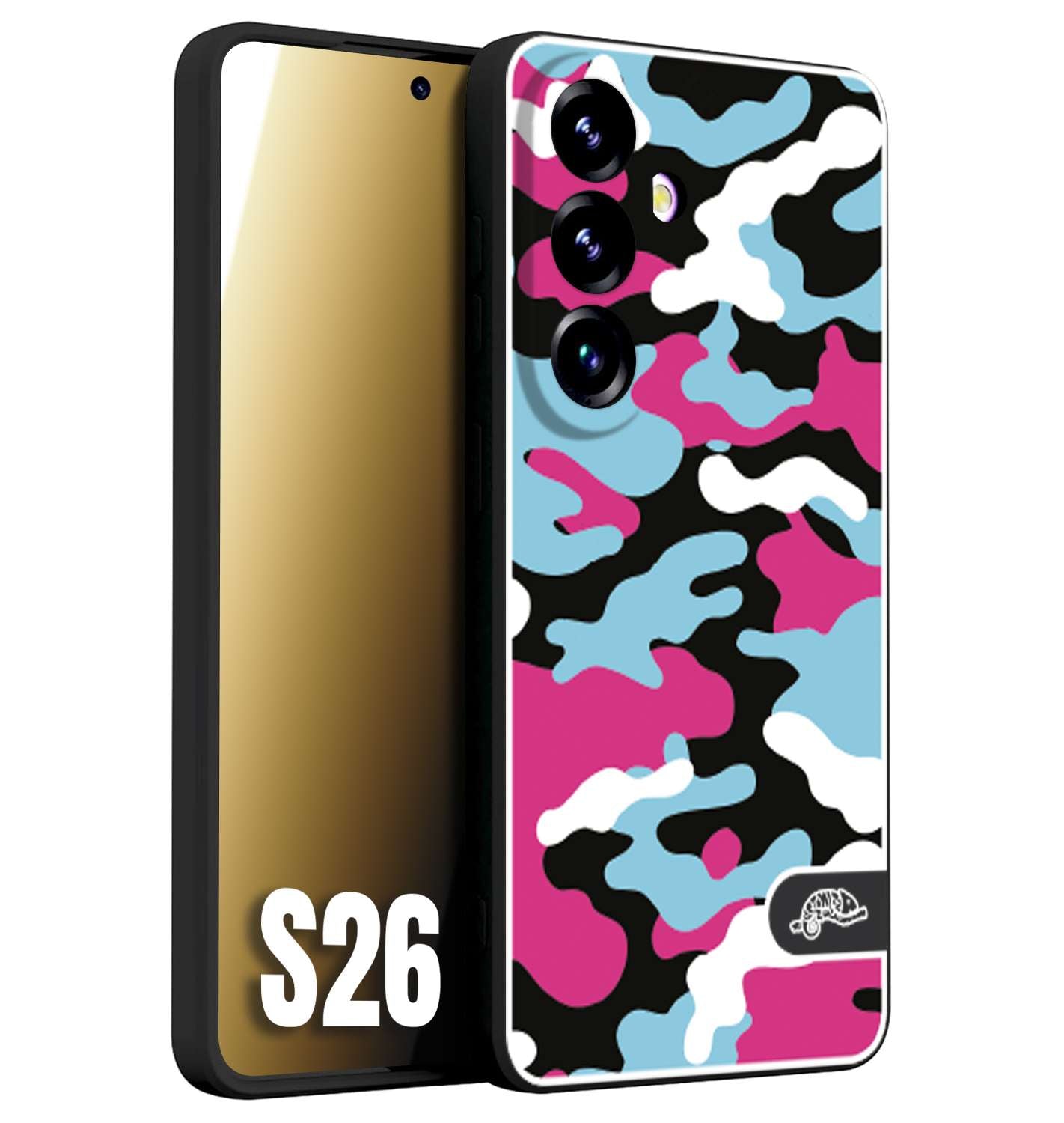 CUSTOMIZZA - Custodia cover nera morbida in tpu compatibile per Samsung S26 camouflage mimetico militare fucsia celeste