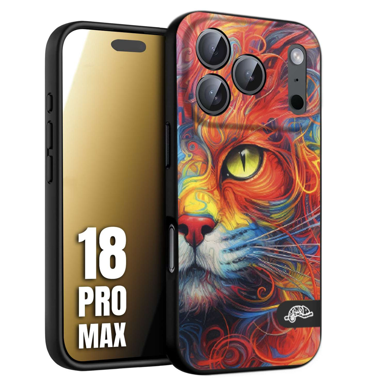 CUSTOMIZZA - Custodia cover nera morbida in tpu compatibile per iPhone 18 PRO MAX animali color cat gatto viso colori vibranti disegnato schizzo