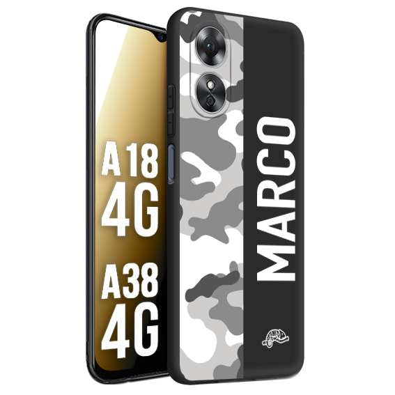 CUSTOMIZZA - Custodia cover nera morbida in tpu compatibile per Oppo A18 4G - A38 4G camouflage mimetico militare personalizzata nome bianco