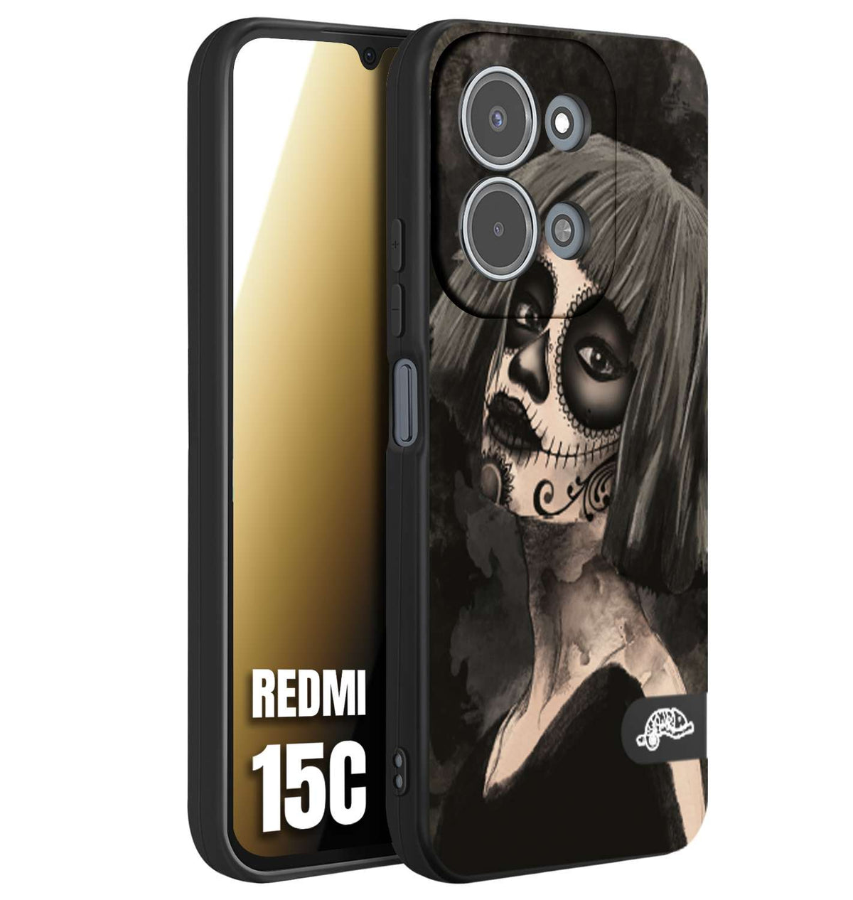 CUSTOMIZZA - Custodia cover nera morbida in tpu compatibile per Xiaomi Redmi 15C chicana messicana dea de la muerte donna santa tattoo disegnata