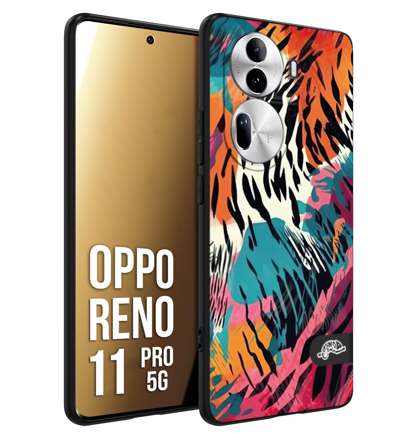 CUSTOMIZZA - Custodia cover nera morbida in tpu compatibile per Oppo Reno 11 PRO 5G leopardato maculato tigrato tiger colorata summer color