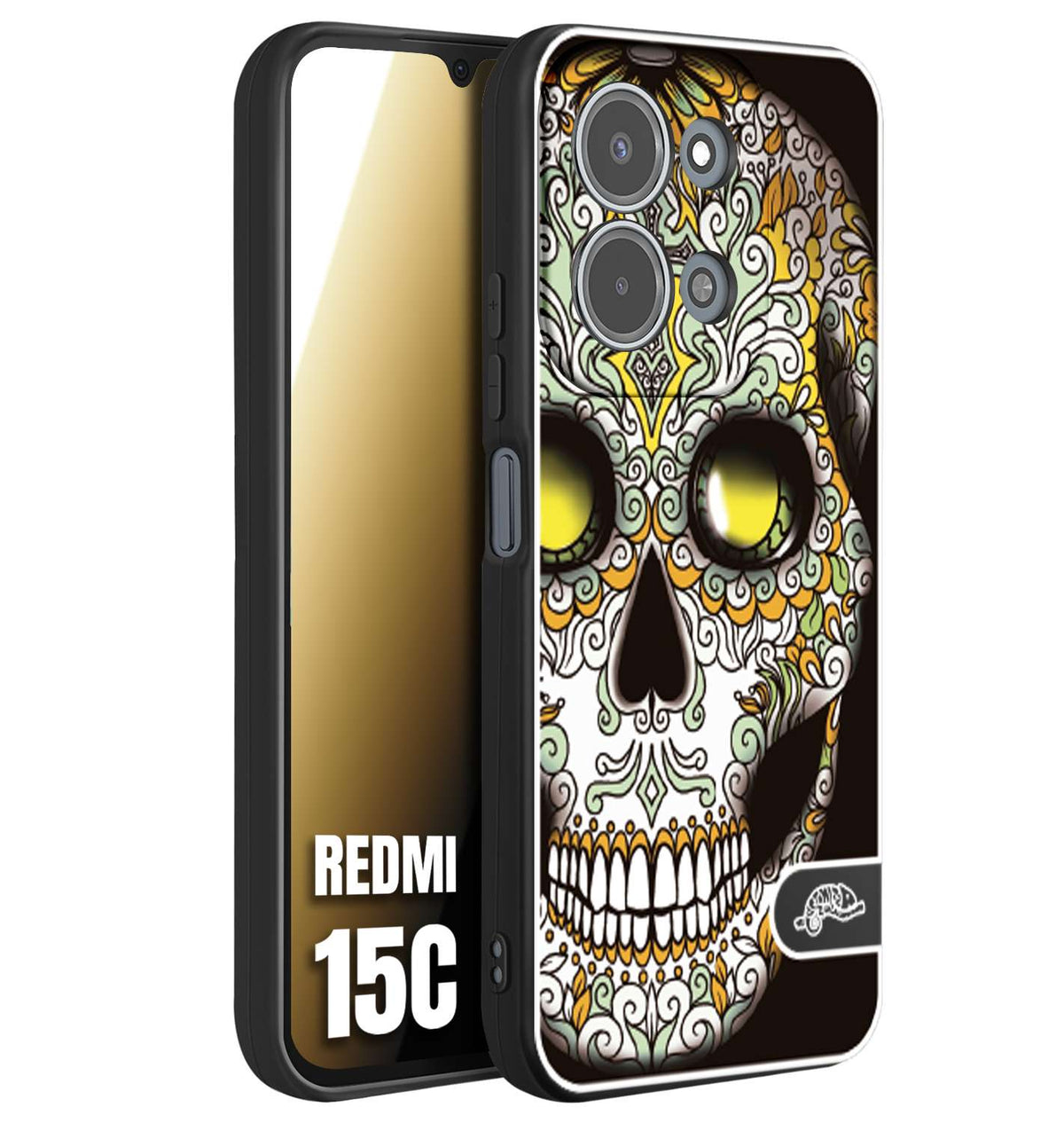 CUSTOMIZZA - Custodia cover nera morbida in tpu compatibile per Xiaomi Redmi 15C teschio messicano Mexican skull bianco verde giallo
