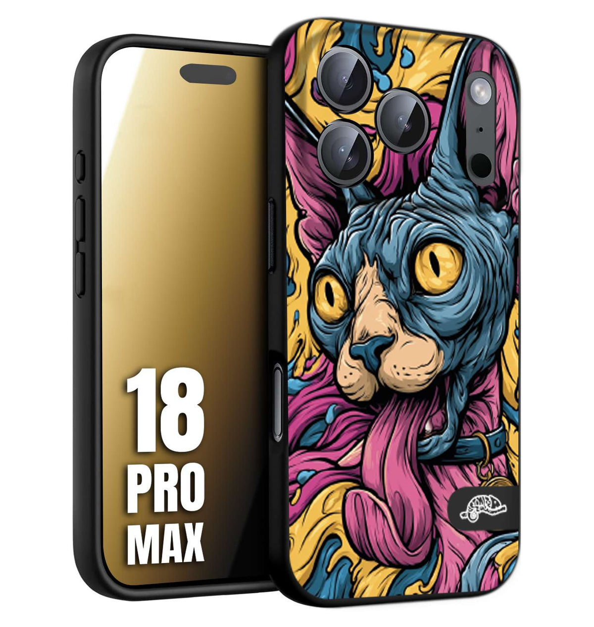 CUSTOMIZZA - Custodia cover nera morbida in tpu compatibile per iPhone 18 PRO MAX Sphynx Colorato Pop Art Psichedelico Gatto Blu Rosa Giallo Artistica Fantasy