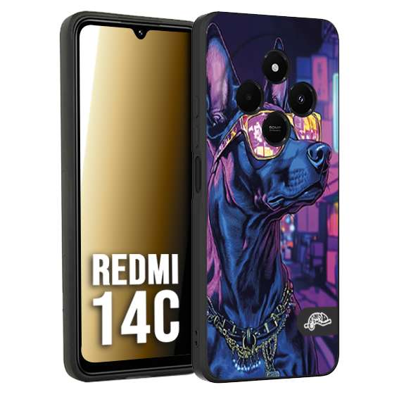 CUSTOMIZZA - Custodia cover nera morbida in tpu compatibile per Xiaomi Redmi 14C animali cyberpunk dobermann cane street dog fucsia blu night