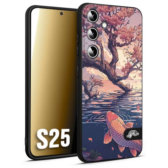 CUSTOMIZZA - Custodia cover nera morbida in tpu compatibile per Samsung S25 giapponese lago carpa koi rosa con foglie d'acero disegnata tattoo