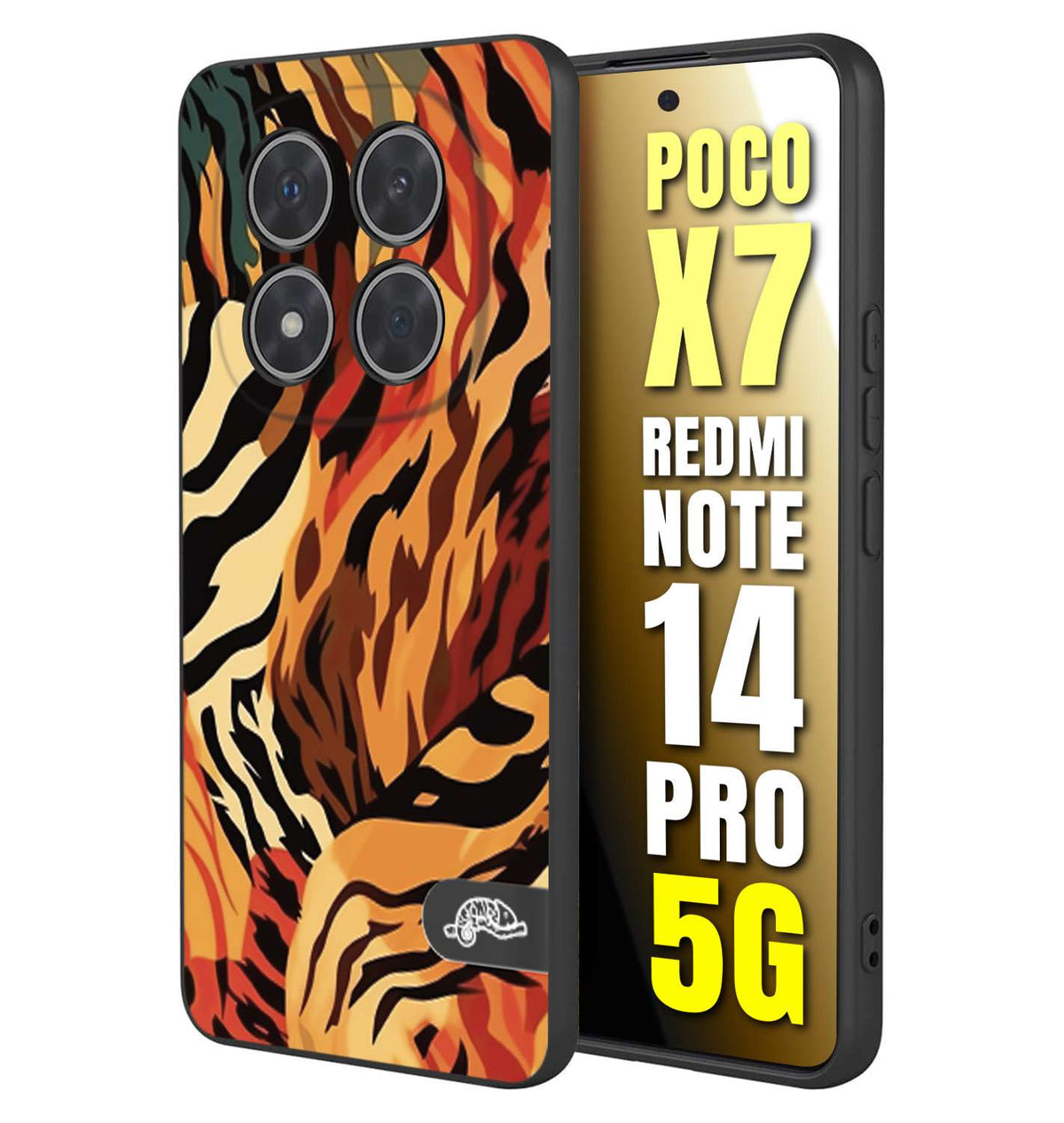 CUSTOMIZZA - Custodia cover nera morbida in tpu compatibile per Xiaomi Redmi Note 14 PRO 5G leopardato maculato tigrato tiger colorata gialla rossa arancio