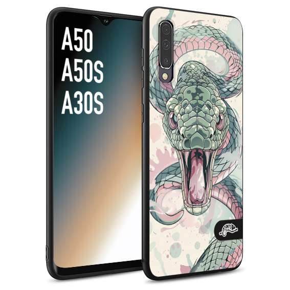CUSTOMIZZA - Custodia cover nera morbida in tpu compatibile per Samsung A50 - A50S - A30S snake pink green serpente tatuaggio tattoo disegnato a mano