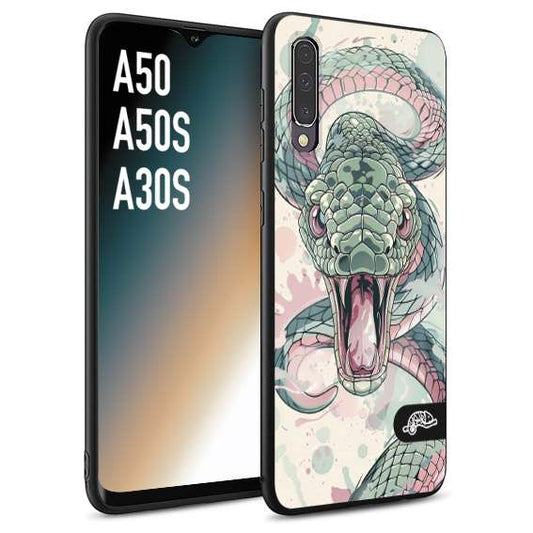 CUSTOMIZZA - Custodia cover nera morbida in tpu compatibile per Samsung A50 - A50S - A30S snake pink green serpente tatuaggio tattoo disegnato a mano