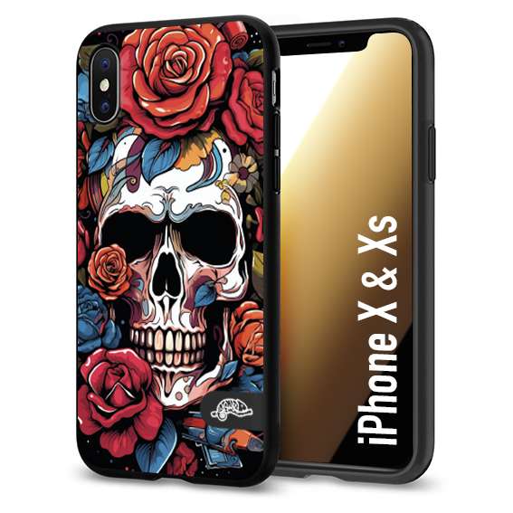CUSTOMIZZA - Custodia cover nera morbida in tpu compatibile per iPhone X - Xs teschio skull flowers fiori rose rosse tattoo disegnato