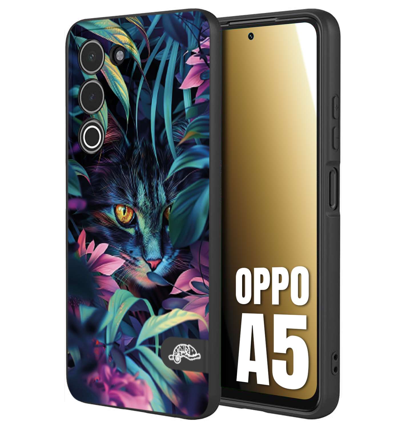CUSTOMIZZA - Custodia cover nera morbida in tpu compatibile per Oppo A5 animali color giungla tropicale occhio di gatto colori vibranti disegnato