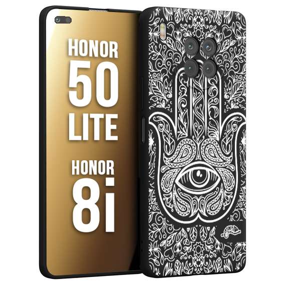 CUSTOMIZZA - Custodia cover nera morbida in tpu compatibile per Honor 8i - Honor 50 LITE mano di fatima effetto rilievo mandala donna