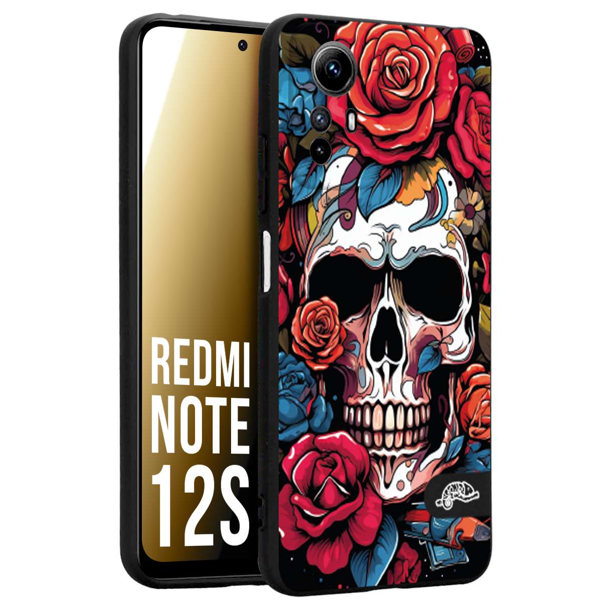 CUSTOMIZZA - Custodia cover nera morbida in tpu compatibile per Xiaomi Redmi Note 12S teschio skull flowers fiori rose rosse tattoo disegnato