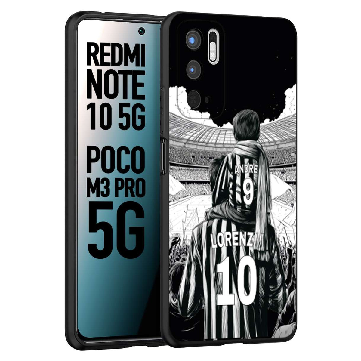 CUSTOMIZZA - Custodia cover nera morbida in tpu compatibile per Xiaomi Redmi Note 10 5G - Poco M3 Pro 5G personalizzata calcio football nome e numero calciatori bianconeri bianca e nera