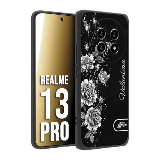 CUSTOMIZZA - Custodia cover nera morbida in tpu compatibile per Realme 13 PRO personalizzata rilievo soft touch nome rose fiori donna