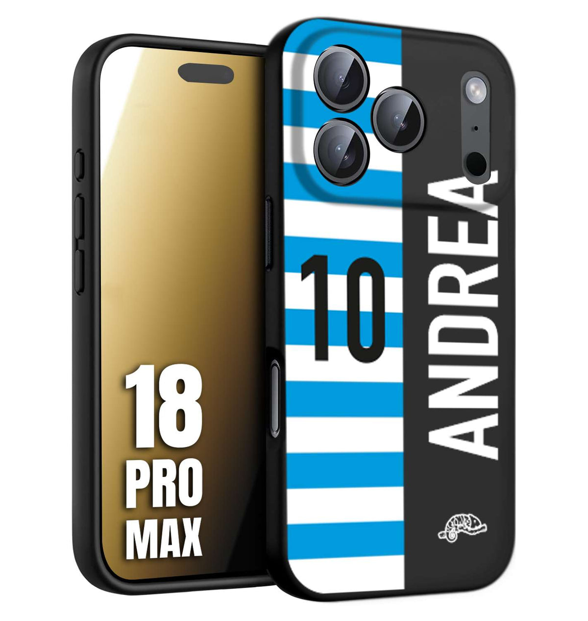 CUSTOMIZZA - Custodia cover nera morbida in tpu compatibile per iPhone 18 PRO MAX personalizzata calcio football nome e numero calciatori biancazzurri