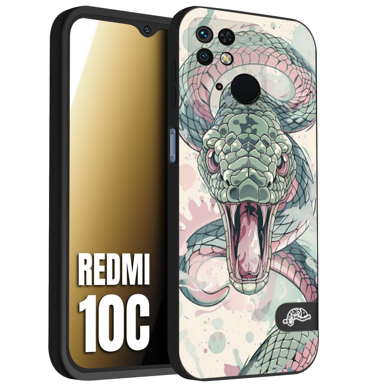 CUSTOMIZZA - Custodia cover nera morbida in tpu compatibile per Xiaomi Redmi 10C snake pink green serpente tatuaggio tattoo disegnato a mano