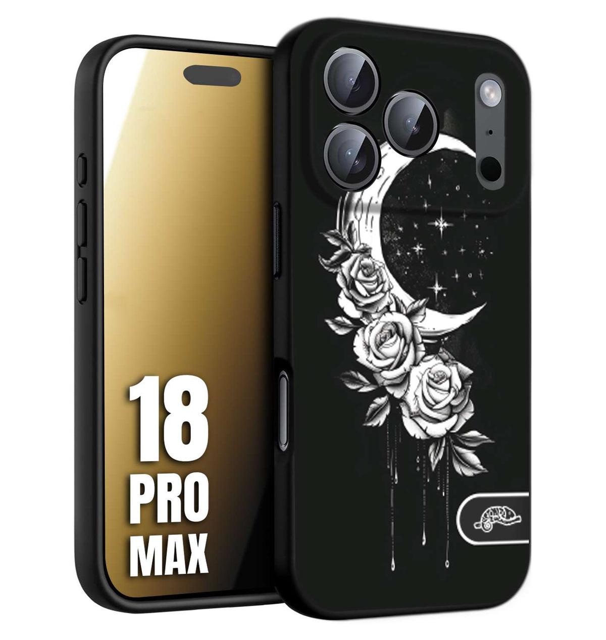 CUSTOMIZZA - Custodia cover nera morbida in tpu compatibile per iPhone 18 PRO MAX luna e fiori moon flowers black and white bianco a rilievo disegnato