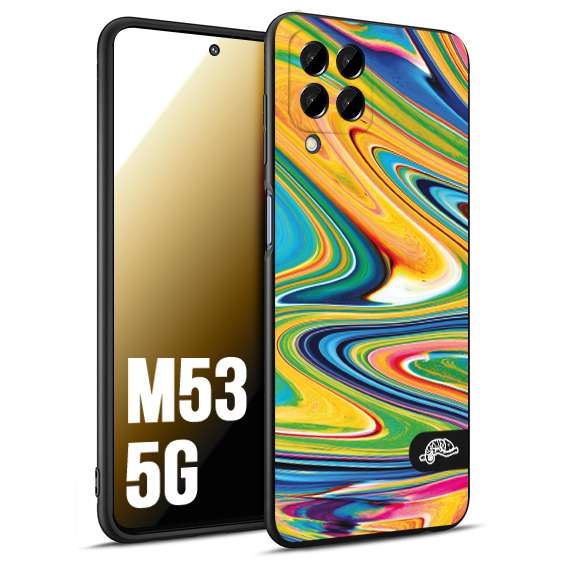 CUSTOMIZZA - Custodia cover nera morbida in tpu compatibile per Samsung M53 5G colorata fantasia vortice marmo arcobaleno gialla verde blu