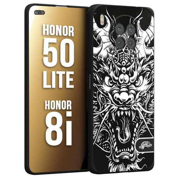 CUSTOMIZZA - Custodia cover nera morbida in tpu compatibile per Honor 8i - Honor 50 LITE drago black and white bianco a rilievo disegnato tattoo tatuaggio