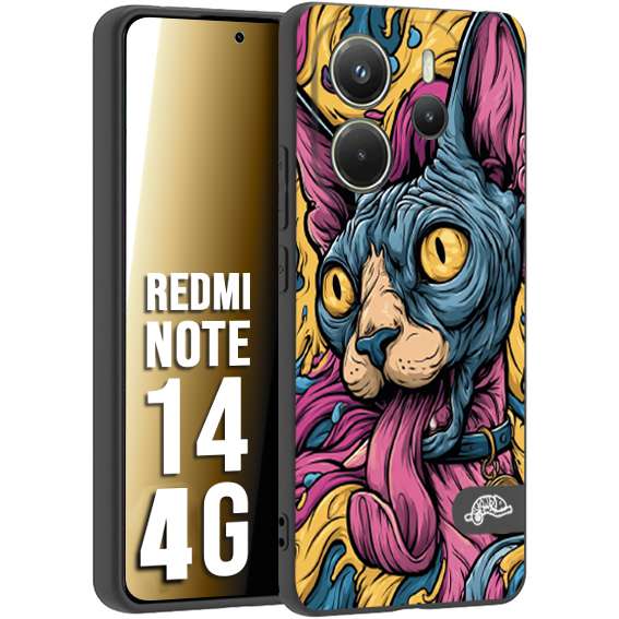 CUSTOMIZZA - Custodia cover nera morbida in tpu compatibile per Xiaomi Redmi Note 14 4G Sphynx Colorato Pop Art Psichedelico Gatto Blu Rosa Giallo Artistica Fantasy