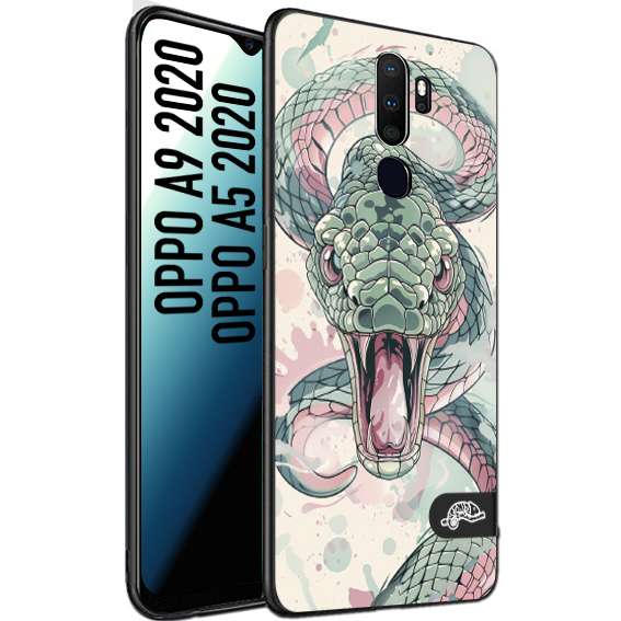 CUSTOMIZZA - Custodia cover nera morbida in tpu compatibile per Oppo A9 2020 - A5 2020 snake pink green serpente tatuaggio tattoo disegnato a mano